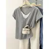 Camiseta de Manga Corta Patchwork Falsa de Dos Piezas Talla Grande Americana para Mujer Verano Coreana Holgada Capa Interior Camisa Base Top Casual