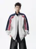 Moletom cardigã com gola alta e blocos de cor listrados estilo americano para homens, marca da moda, jaqueta esportiva casual solta nova para outono e inverno para homens