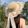 Sombrero de Protección Solar para Vacaciones de Verano en la Playa para Mujer con Copa Plana, Encaje Francés, Lazo, Elegante Sombrero de Paja con Forma de Pétalo