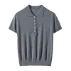 2026 Primavera/Verão Novo Tricô de Lã Fina com Gola Polo Manga Curta Feminino Cor Sólida Pulôver Solto Top Camiseta