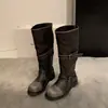 Chuyuji 2026 Nuevas Botas de Ciclismo de Estilo Coreano Vintage Desgastadas con Hebilla hasta Media Pantorrilla para Mujer, Botas Apiladas de Nicho con Suela Gruesa
