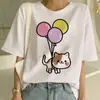 Camiseta Casual de Verão com Estampa de Gato Personalizada, Gola Redonda, Manga Curta, Branca Gola Redonda pescoço