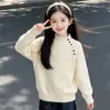Conjunto de Dos Piezas para Niñas de Primavera y Otoño: Suéter de Botones Multicolor Nuevo y Jeans para Niños Medianos y Mayores, Conjunto Casual Holgado de Pantalones de Pierna Ancha