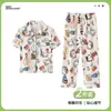 Pijama Infantil Estilo Coreano para Mujer de Manga Corta Imitación Algodón Conjunto de Ropa para Casa Caricatura Cárdigan Pantalones Cortos Pijama de Verano para Niños