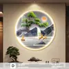 Nova Pintura Decorativa Redonda Estilo Chinês para Entrada, Hall, Corredor Pendurada Água Corrente Traz Riqueza Pintura de Paisagem de Alto Padrão com Luzes Pintura de Nove Peixes
