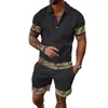 Comercio Transfronterizo Moda Tallas Grandes Cremallera Malla Camisa Polo Traje Impresión Digital 3D Ajustado Conjunto de Dos Piezas para Hombre