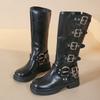 Botas Femininas Elegantes Longas, Botas de Cowboy Ocidentais Altas até o Joelho, Botas de Equitação Retrô com Salto Grosso, Botas de Motocicleta Estilo Punk Desgastado