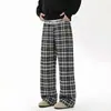 Calça casual unissex de perna larga, corte reto e solto, xadrez retrô americano, versátil para primavera e outono, comprimento no chão, atacado transfronteiriço