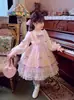 Vestido Lolita Rosa para Niñas Encaje Lazo Malla Vestido Princesa Dulce Vestido de Mangas Abullonadas