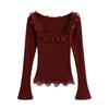 Camiseta feminina de manga comprida com gola quadrada e renda picante e elástica, estilo primavera europeu e americano, com base interna justa e elástica, roupa feminina