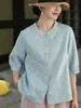 Camisa de Verano para Mujer con Cuello Mao Pequeño, de Botones, Manga Media, Top de Color Sólido