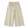 Calças de cânhamo leves de verão de perna larga para mulheres, vintage, caimento solto, emagrecimento, caimento reto e fluido, perna larga, cropped, casual de algodão e linho