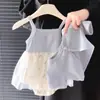 Ropa de bebé vestido de una pieza, mameluco de triángulo con lazo de encaje floral para bebé, mameluco de algodón de manga corta de 120g