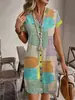 Moda Europeia e Americana Feminina 2026 Exportação Amazon Verão Estampa Geométrica Elegante Decote V Botões Manga Curta Vestido para Mulheres