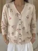 Nuevo cárdigan de punto floral con cuello en V para mujer transfronterizo de Amazon, chaqueta suéter estampada de manga larga nueva moda para primavera y otoño