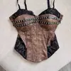 Estilo Garota Popular Tendência Camisole Sem Alças em Renda Metálica Patchwork com Design de Espinha de Peixe para Efeito Emagrecedor
