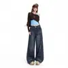 Elegantes jeans de mujer estilo americano, nuevos de tiro alto, corte holgado, adelgazantes, pantalones de pierna ancha con caída, pantalones largos azul oscuro