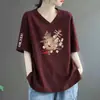 Moda de Descuento para Comercio Exterior Transfronterizo Camiseta de Manga Corta con Cuello en V Estilo Chino Nuevo para Mamá de Comercio Exterior Top Suelto de Media Longitud para Mujer