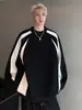 Moletom Masculino Tendência High Street Estilo Americano Costura Listrada Masculino 2025 Outono e Primavera Nova Marca Pesada Tendência Jaqueta Pesada Solta