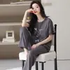Pijama de Modal para Mulheres Verão Sutiã Embutido Doce Fofo Manga Curta Calça Longa Conjunto para Casa Suporta Dropshipping