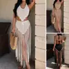 Comercio exterior transfronterizo, tejido a mano puro, con diseño de conchas, top calado con borlas largas, minifalda sexy, conjunto para vacaciones en la playa