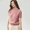 Lujoso y suave, amigable con la piel, mezcla 25% seda de morera y 75% cachemira, cuello redondo minimalista, corte holgado, top de punto de manga corta para mujer