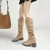 Botas de Cano Longo com Salto Plataforma Chunky 2025 Nova Coleção Outono Inverno Bico Redondo Emagrecedoras Sapatos Femininos Versáteis Botas de Equitação de Salto Alto
