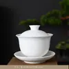 Porcelana Blanca con un Brillo Similar al Jade, Se Puede Colgar y Girar, Juego de Tazón con Tapa de Tres Piezas, Juego de Té Cerámico de Alta Gama Anti-Quemaduras, Tazón de Té, Taza de Té Individual