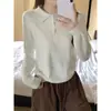 Camisa Polo de Punto Estilo Preppy Blanco para Mujer en Otoño e Invierno Suave y Ceroso Diseño Solapa Top Interior Tejido Base