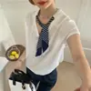 Camiseta de Manga Corta con Bufanda de Seda de Hielo con Cuello en V y Lazos, Fresca y Transpirable, Estilo Básico, Primavera Verano, Top Base Diario Casual para Mujer