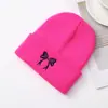 Gorro de Punto Bordado con Lazo, Gorro de Lana con Puño Estilo Coreano, Gorro de Punto Cálido Versátil para Otoño e Invierno
