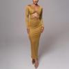 Moda Transfronteriza Europea y Americana Elegante Sexy Chica Caliente Lv Vestido Largo de Color Sólido con Diseño Cortado para Mujer Vestido de Manga Larga