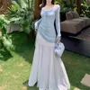 Vestido de tirantes floral con cordones, patchwork de malla y dobladillo amplio + cárdigan de manga larga con cordón para protección solar, conjunto de dos piezas de otoño para mujer