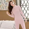 Traje de ropa interior térmica de terciopelo de doble cara para mujer, cuello alto medio, forro polar, prenda interior ajustada, ropa de otoño, pantalones largos, top de mujer, invierno