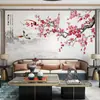 Papel tapiz de flor de ciruelo estilo chino moderno, sofá, pared de fondo de TV, mural de tapa dura, papel tapiz floral y de pájaros para sala de estar, revestimiento de pared floral