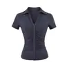 26057-Camiseta Fashionável de Lapela Manga Curta Estilo Europeu e Americano para Mulheres Nova Coleção Primavera e Verão 2026 Top Básico Sexy com Efeito Emagrecedor