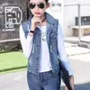 Foto real de chaleco de mezclilla para mujer, chaqueta de mezclilla elegante, chaqueta de mezclilla holgada, chaleco, chaleco, jeans