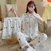 Conjunto de Pijama Feminino de Algodão Nuvem de Três Peças para Primavera e Verão, com Gola Reversível, Cardigã de Manga Curta, Shorts e Calça Comprida, Conjunto Casual para Casa para Meninas