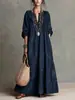 Vestido Longo Maxi Feminino Bordado Boêmio Outono 2026 com Gola Lotus, Corte Solto, Manga Longa e Barra Larga em Estilo Casual de Férias
