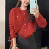 Cárdigan de Punto Versátil Cuello Redondo para Mujer con Decoración de Corazón de Fresa Estilo Coreano, Suéter que Reduce la Edad, Borocolor