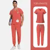 Aliexpress Temu Roupas de Trabalho Mais Vendidas Uniformes de Enfermeira Jalecos Cor Sólida Manga Curta Calça Conjunto de Duas Peças Scrub com Personagens Bordados