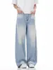 Jeans Azul Claro Todas as Estações Fino Lavado Reto Solto Wide Leg Americano High Street Tendência Jeans Wide Leg Masculino