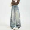 Jeans anchos estampados retro americanos para mujer, de cintura alta, nuevo estilo primavera y otoño, corte holgado, adelgazantes, diseño único, pantalones de pierna recta