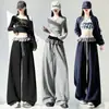 Foto Real de Calça Scimitar Estilo Americano Menina Apimentada Patchwork Xadrez Babados 2026 Nova Calça Esportiva de Moletom Wide-Leg Feminina