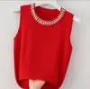 Camisola de Seda de Hielo para Mujer, Ropa Interior Blanca sin Mangas para Combinar con un Blazer, Top Corto de Punto Estilo Chanel con Perlas A11000