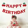 Banderín de Fieltro Feliz Cumpleaños con Tema de Cerezas para el Primer Cumpleaños del Bebé, Mes Completo, Celebración de los Cien Días, Decoración de Escena, Bandera Colgante para Fondo de Foto