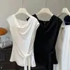 Camiseta Feminina Verão 2026 Manga Curta Ombro Único Amarração Design Inovador Nicho Slim Fit Cintura Marcada Manga Francesa