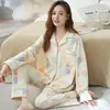 Pijama de Algodón Puro para Mujer Primavera y Otoño Pantalones de Manga Larga Cardigan Popular en Internet Talla Grande Casual Ropa para el Hogar de Primavera y Verano Traje Exterior