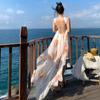 Vestido largo de vacaciones de Super Fairy, vestido de mujer de alta sociedad con sentido del estilo, nuevo vestido de gasa irregular sin tirantes y con cuello colgante y espalda descubierta.