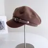 Gorra de boina retro versátil para mujer de otoño e invierno con hebilla de cinturón, copa plana, material de lana, visera curva, estiliza el rostro, gorra octogonal de moda
